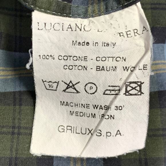 LUCIANO BARBERA Size 44 Blue Olive Plaid Cotton One Pocket Long Sleeve Shirt - Picture 7 of 7